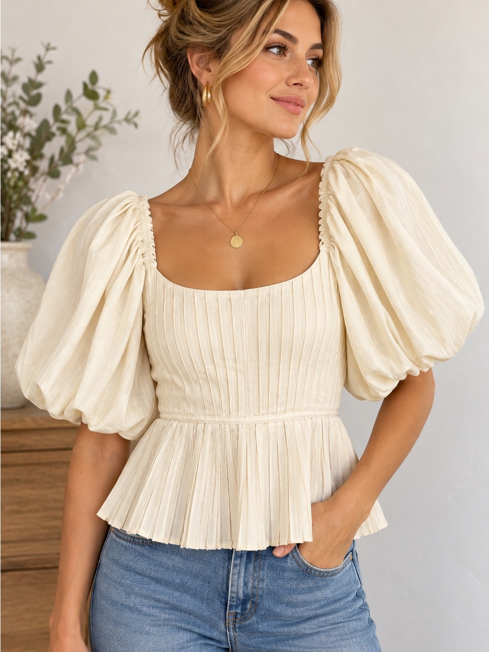 Banana Republic Pleated Puff Sleeve Peplum Top in Cream Ivory Size 6